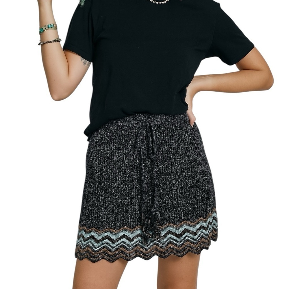 Ecote Large Mini Skirt Knitted Chevron Tassel Elastic Waist Festival Boho Party